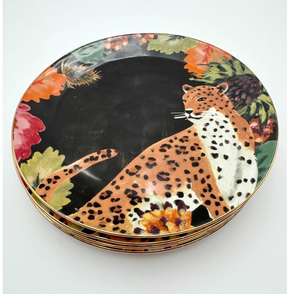 Set of 4 Anthropologie Henriette Cheetah Dessert Plates Floral Jungle 8.5" NEW